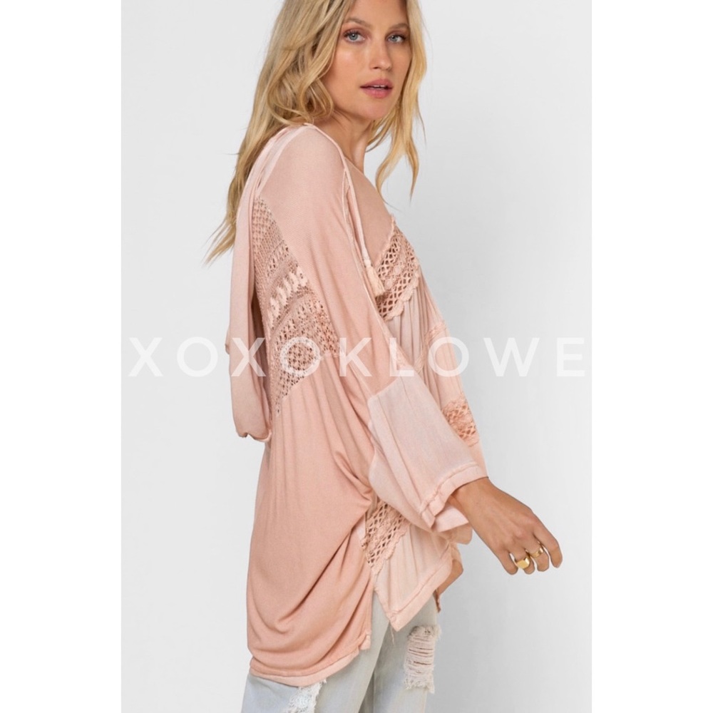 POL Washed Pink Rayon & Lace Oversized Hoodie Top - Picture 7 of 10